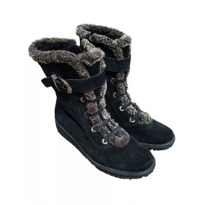 Stuart Weitzman Womens Suede Leather Boots Fur Buckle Black Size 7.5